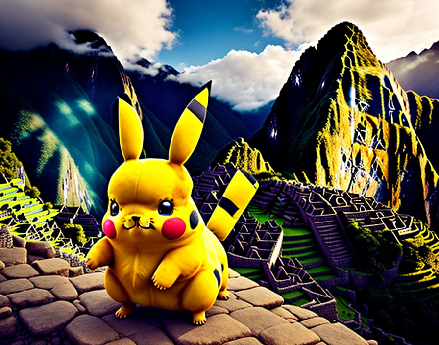 Colorful Pikachu illustration with Machu Picchu ruins and mountains.