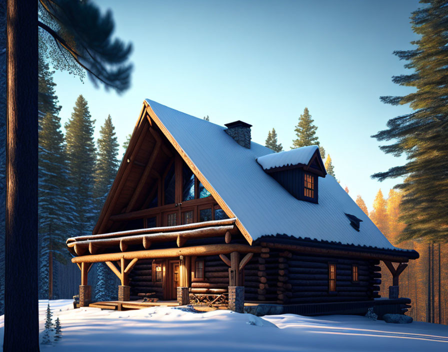 Snow-covered log cabin surrounded by pine trees at sunrise or sunset