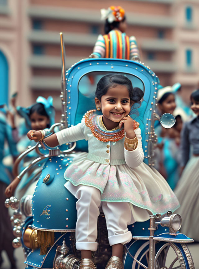 Young girl in white dress on blue carriage surrounded by festive crowd