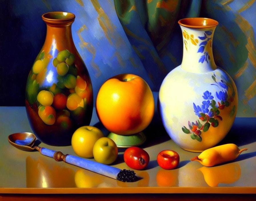 Colorful still life painting with vases, fruit, spoon, and berries on reflective surface