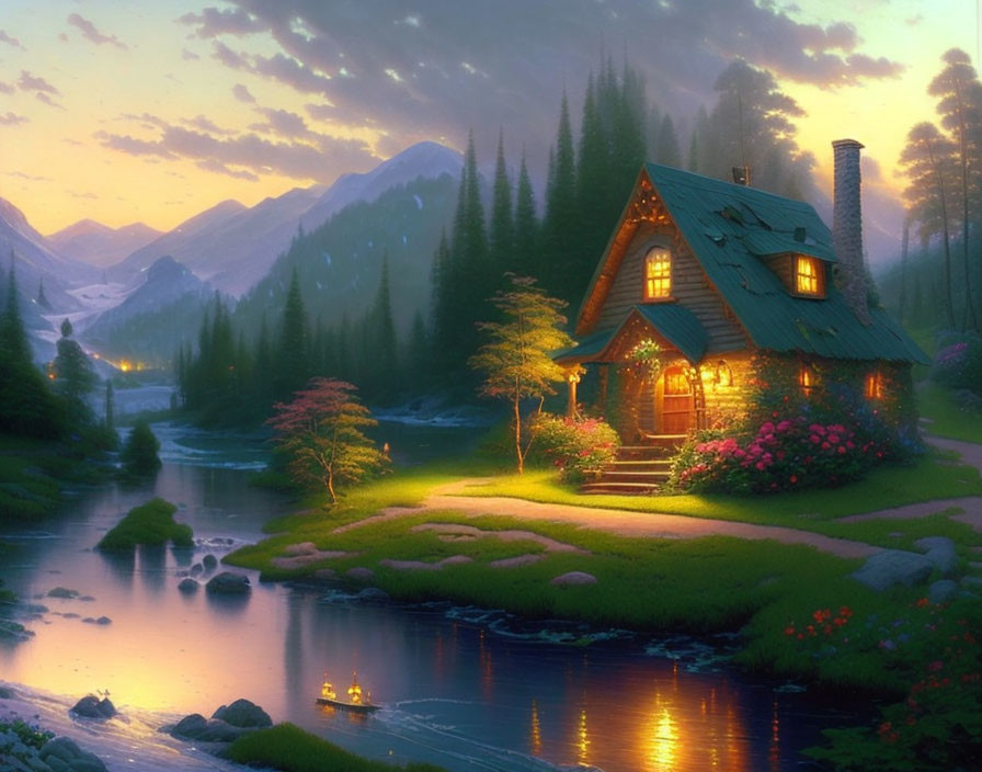 Cozy cottage in serene forest with river and mountains at dusk