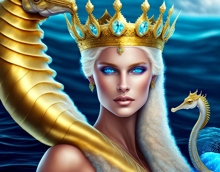 Fantasy queen with golden crown and serpent in stormy sea setting