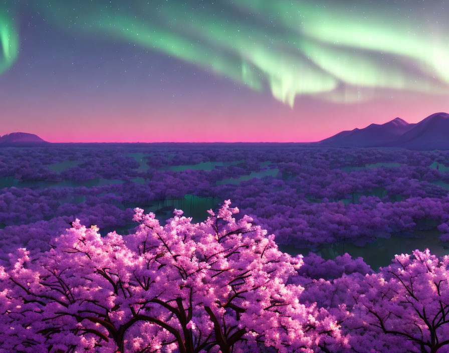 Cherry blossoms, green field, aurora sky, mountains at twilight