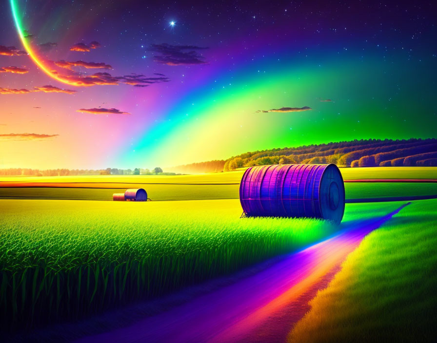 Colorful Aurora Borealis over Pastoral Landscape with Twilight Sky