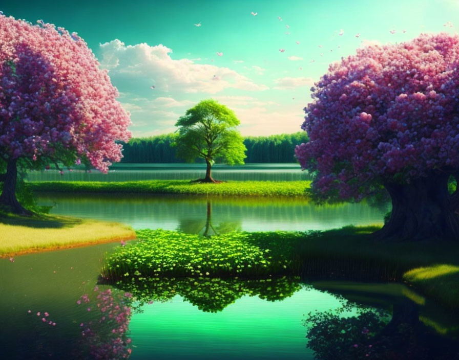 Serene landscape with green grass, lake, pink trees, solitary island tree, birds