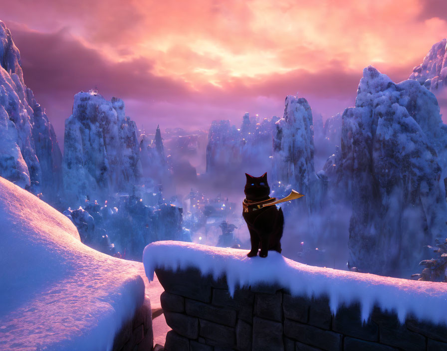 Black cat with yellow eyes in snowy mountain landscape at sunset