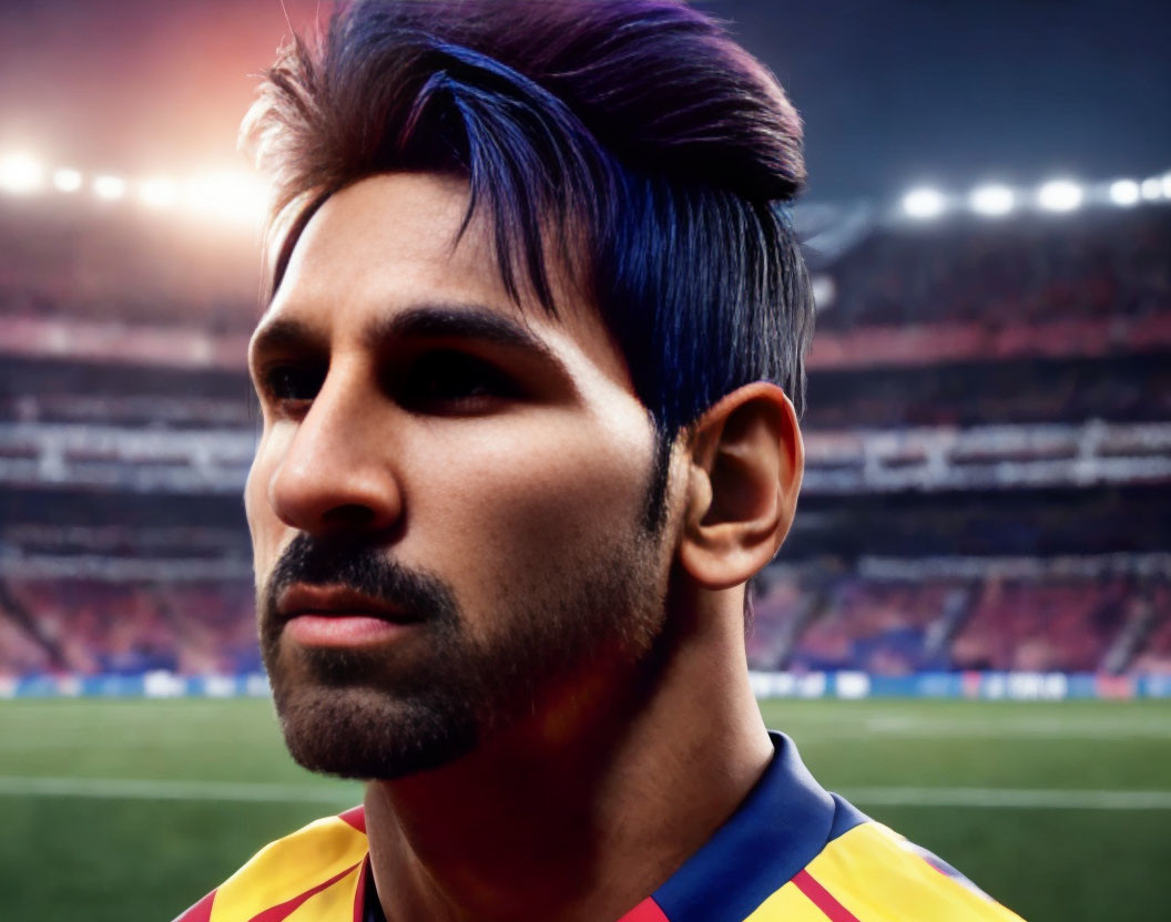 Male 3D model with purple streak in hair in football jersey at stadium