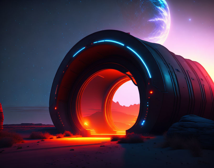 Futuristic glowing portal in desert night with planet rising