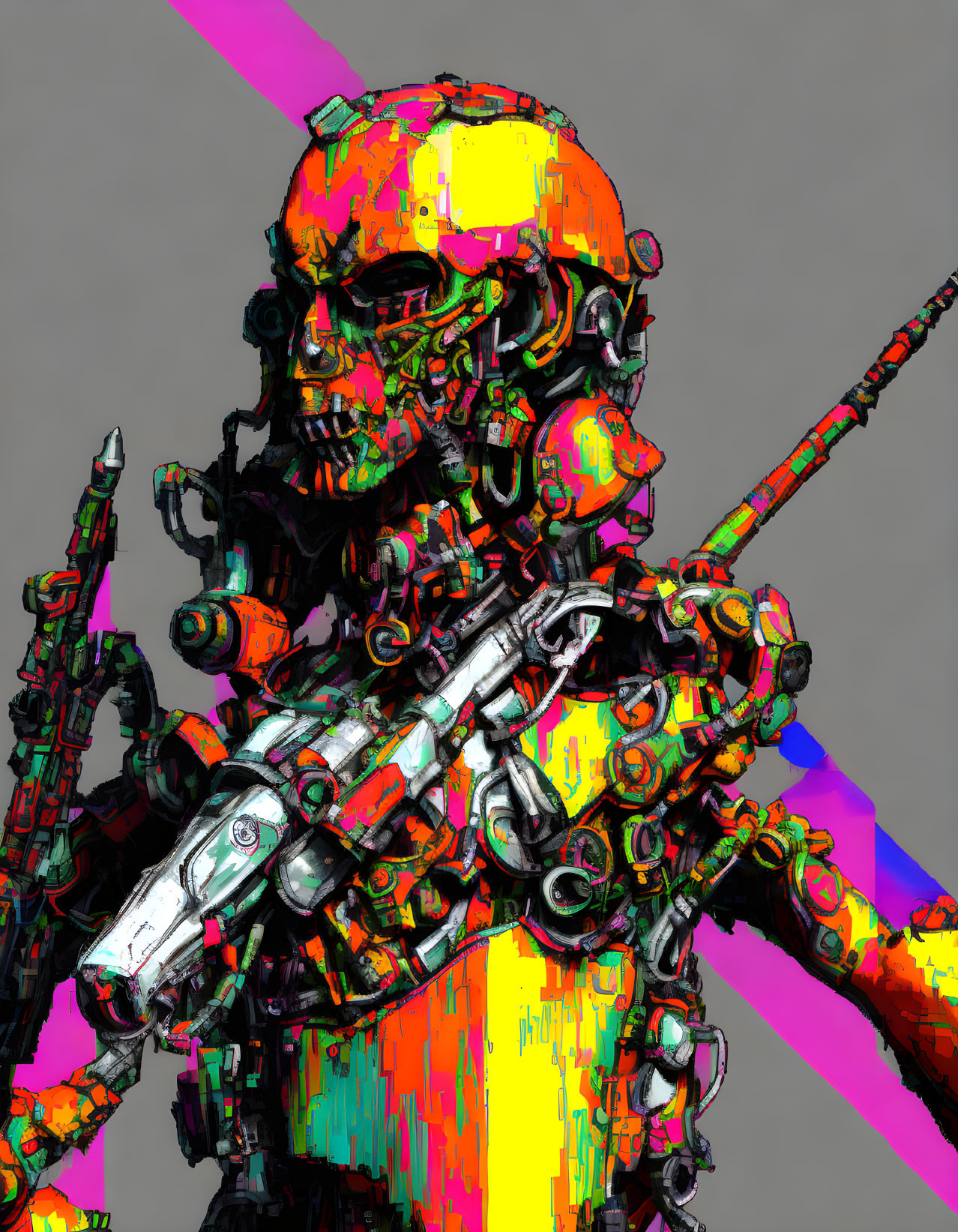 Skeletal robot with gun in vibrant cyberpunk style