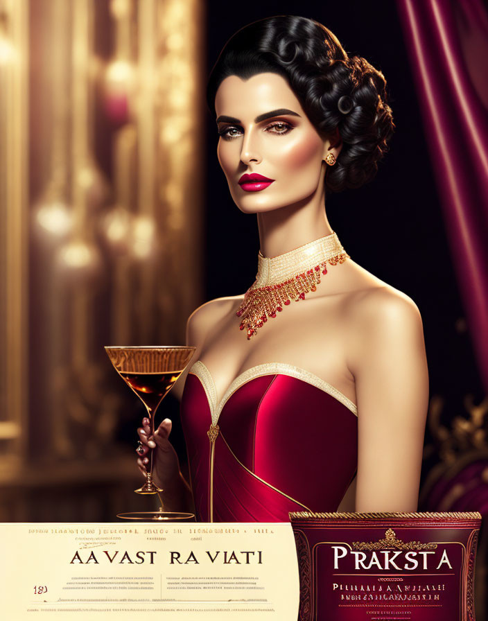 Sophisticated woman in red gown with champagne glass and gold jewelry in luxurious vintage setting