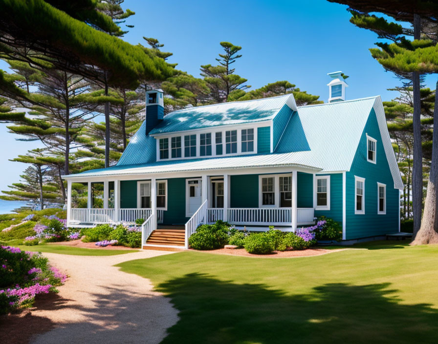 Teal-Colored House with White Trim in Lush Greenery