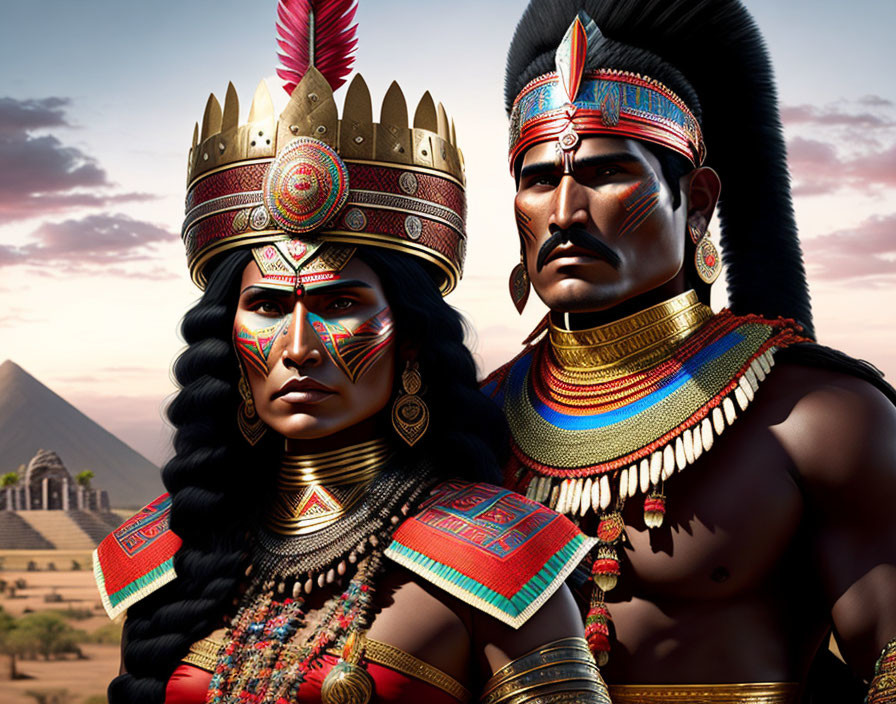 Digital artwork featuring two individuals in traditional indigenous attire with elaborate headdresses and face paint, set against a