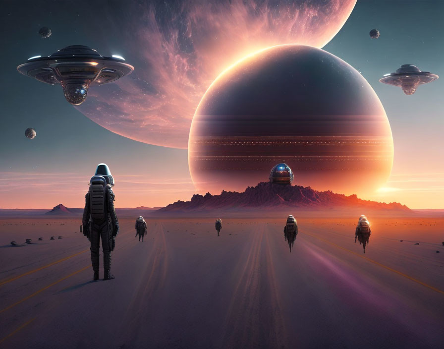 Astronauts exploring desert with futuristic ships and giant planet at sunset