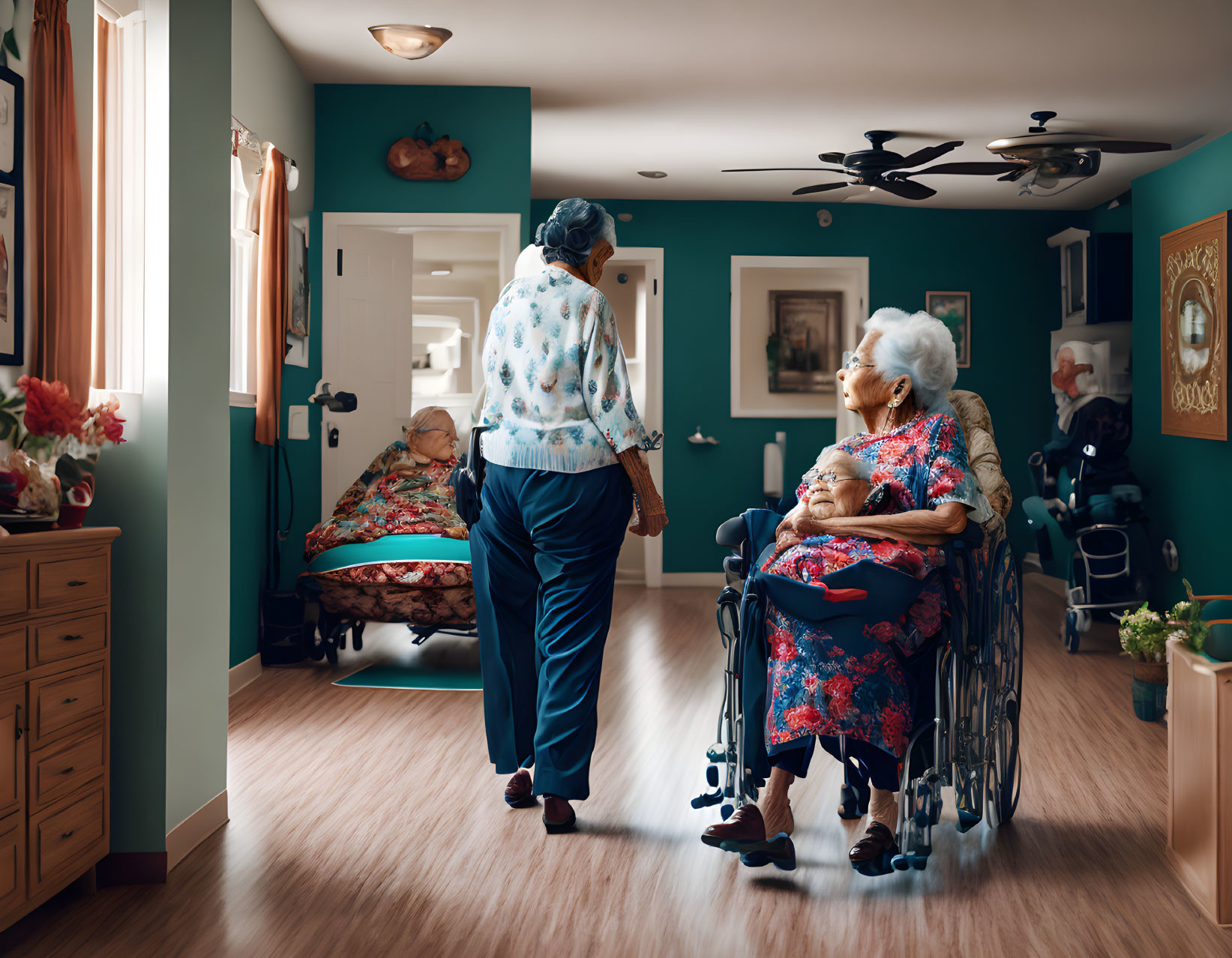 Elderly woman in wheelchair pushed through nursing home with residents in bed.