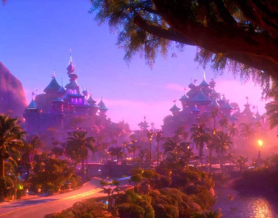 Fantasy landscape with palace, palm trees, and purple sunset sky