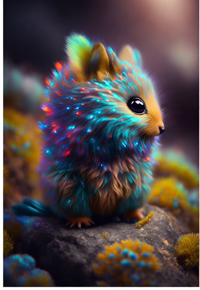 Colorful fantasy creature with squirrel and porcupine traits in rainbow forest