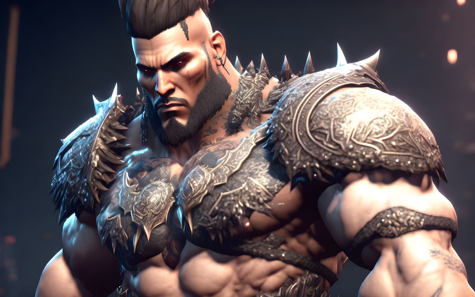 Muscular, Bearded Character with Spiked Armor and Tattoos in Fiery Setting