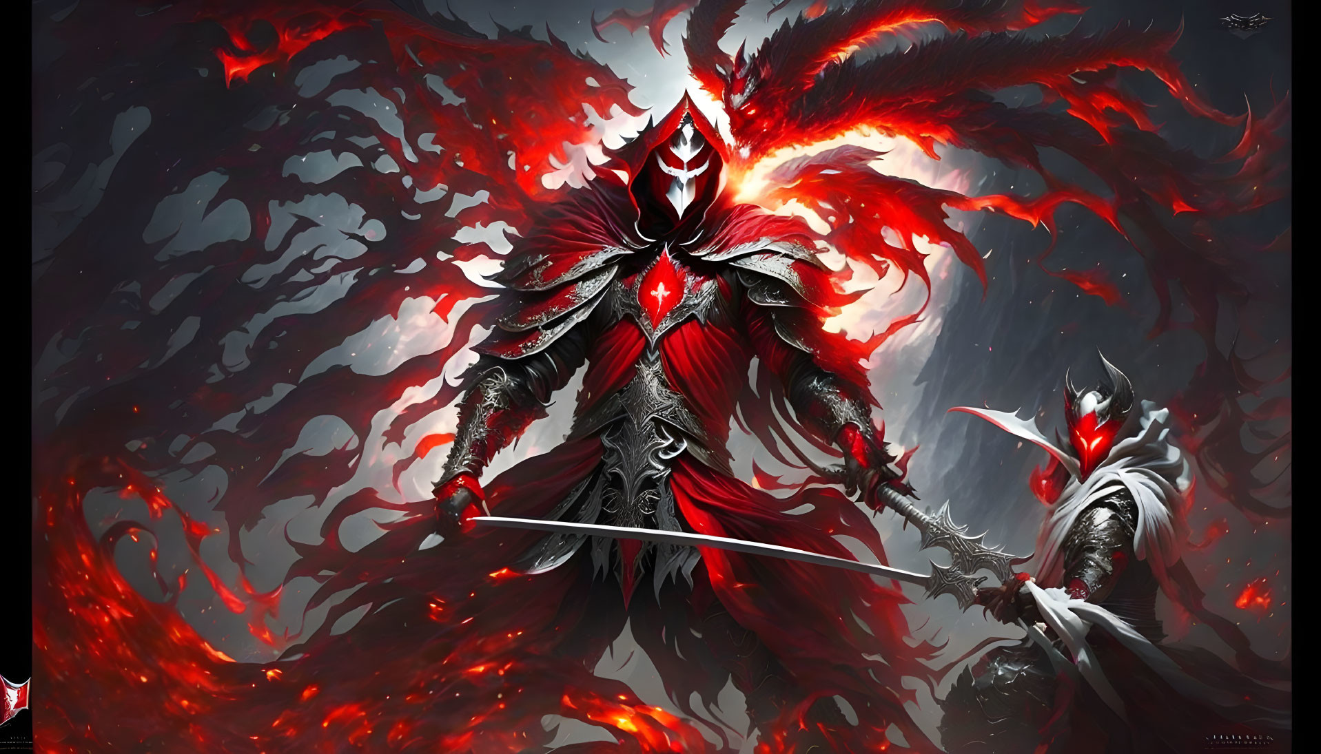 Fantasy Artwork: Armored Figures in Red and Black Motifs with Sword