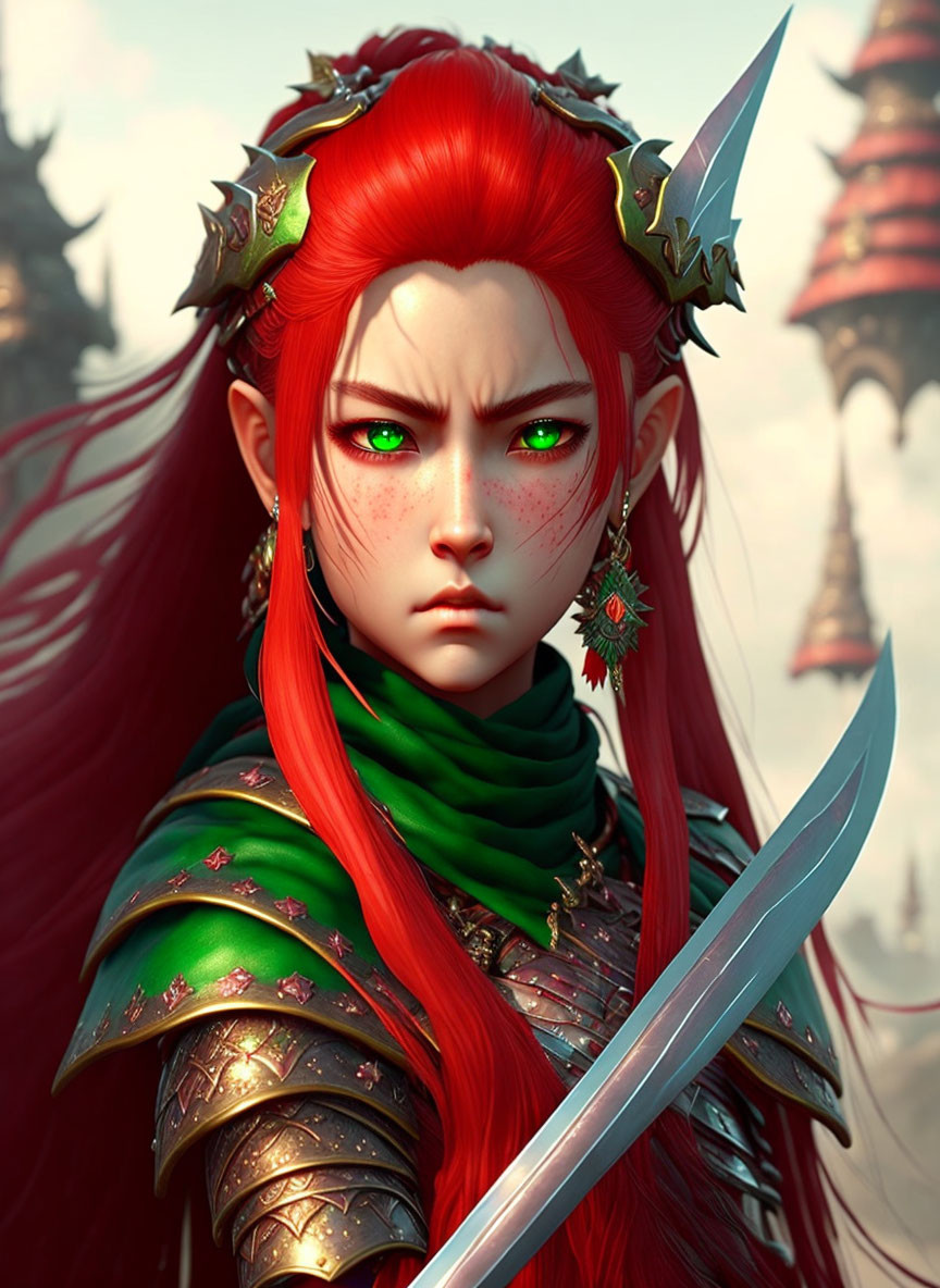 Fantasy female warrior with red hair, pointed ears, green eyes, and sharp sword