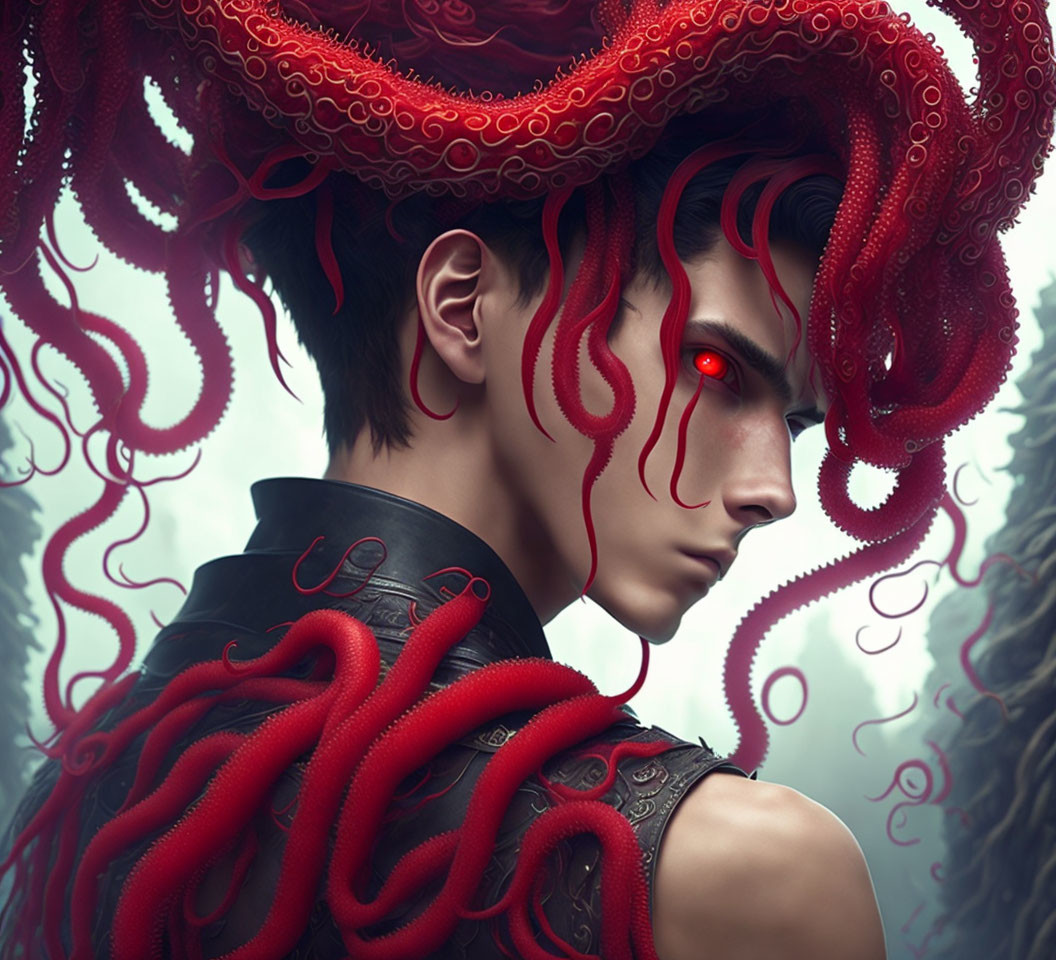 Digital artwork: Person with red tentacle-like hair and glowing eye in misty forest