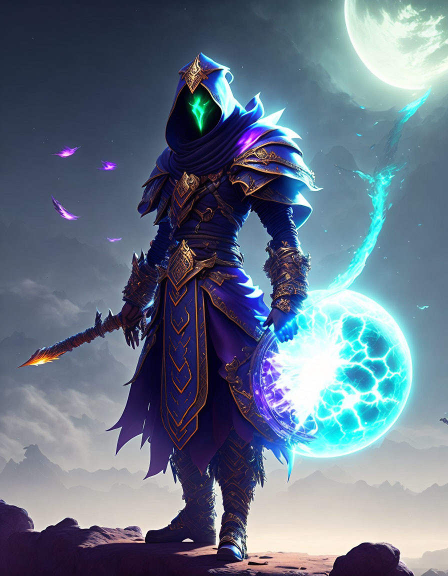 Armored figure with glowing blue energy ball under crescent moon