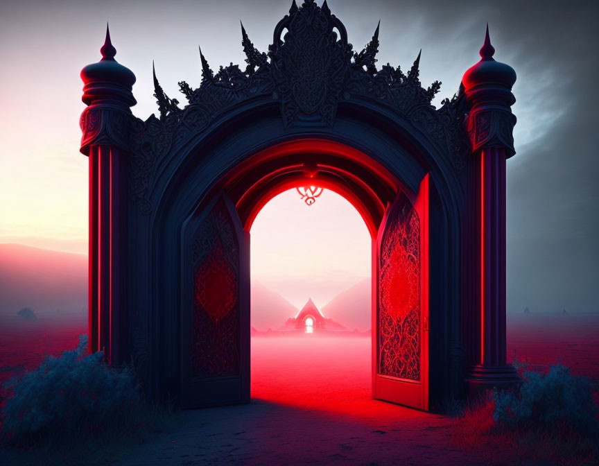 Ornate gate leading to misty crimson-lit landscape with distant illuminated structure