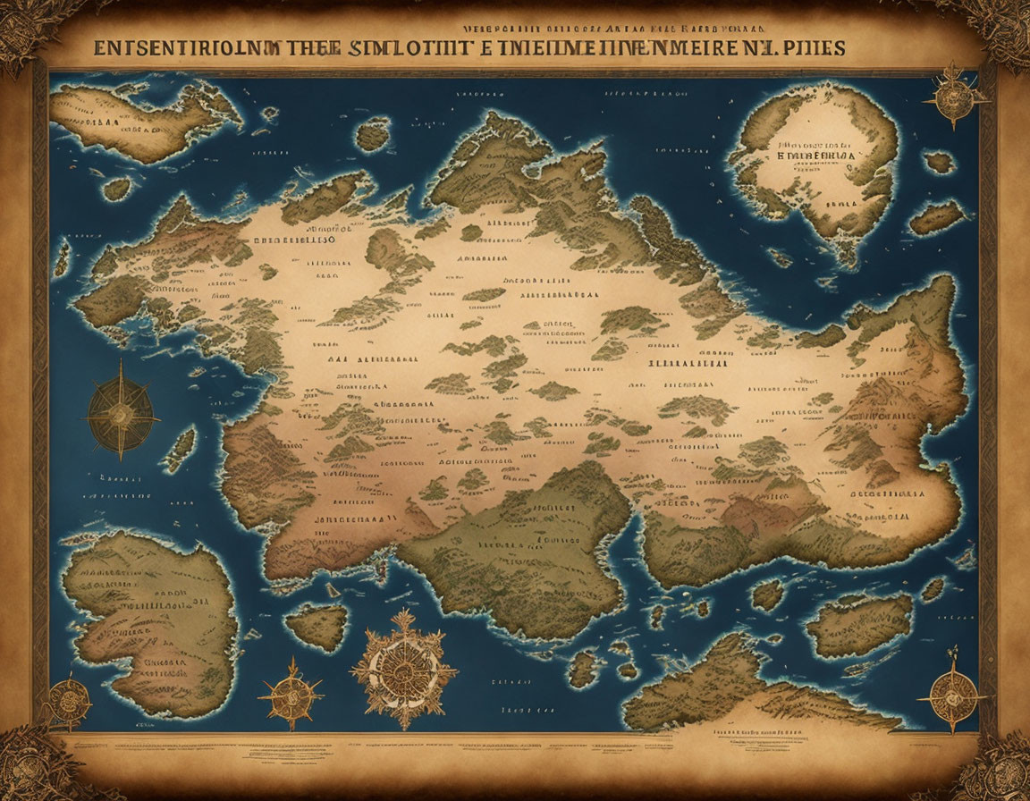 Vintage-style fantasy map with ornate borders, aged parchment texture, continents, islands, compass rose,