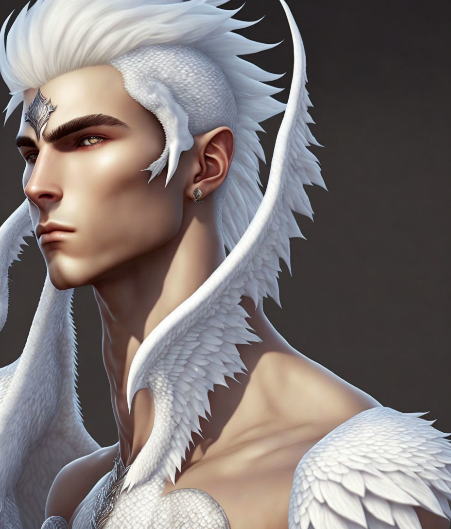 Male figure with white feathered wings and pointed ears in digital portrait