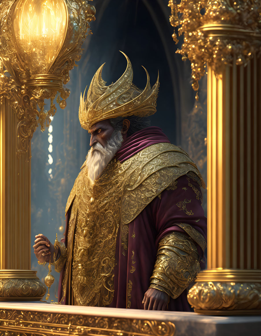 Regal figure in golden crown and elaborate robes overlooking grand interior.