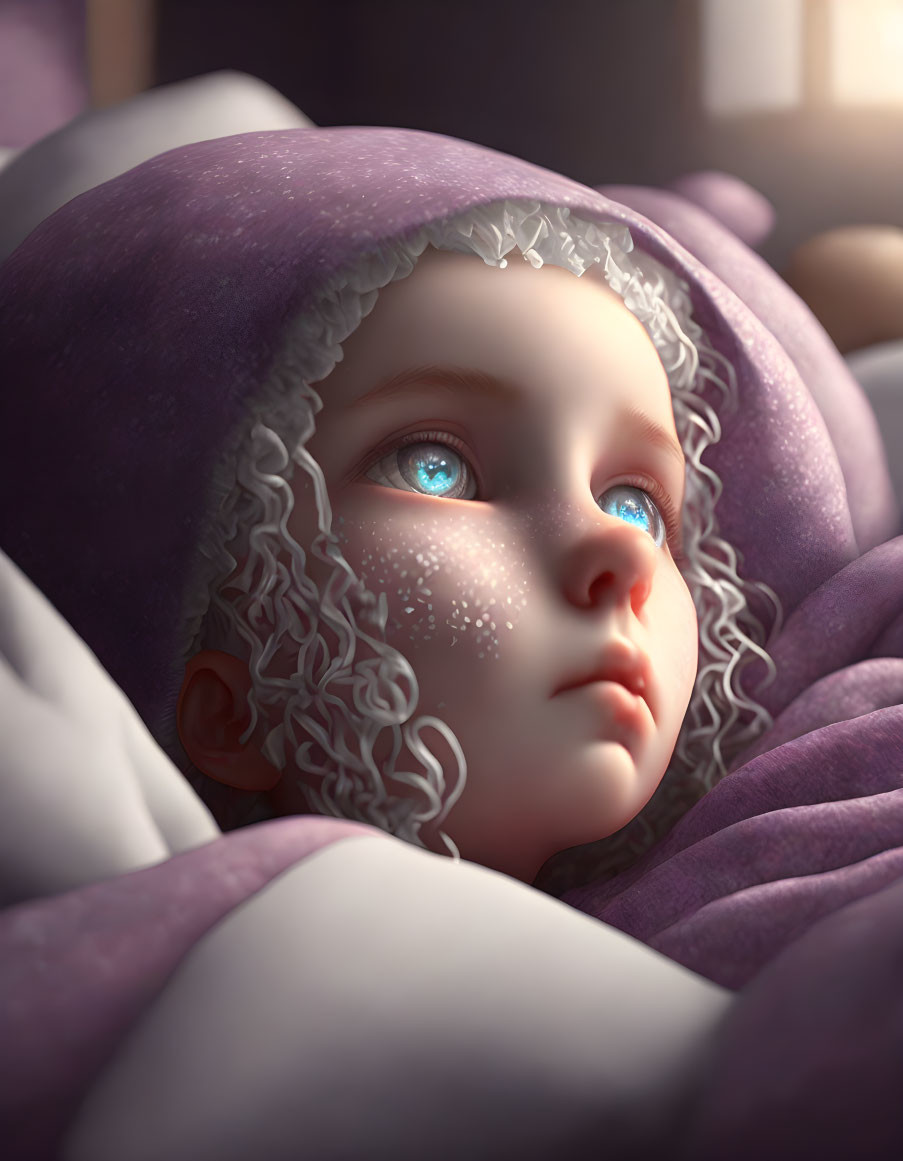 Child with Sparkling Blue Eyes in Dreamlike Setting Draped in Purple Cloth