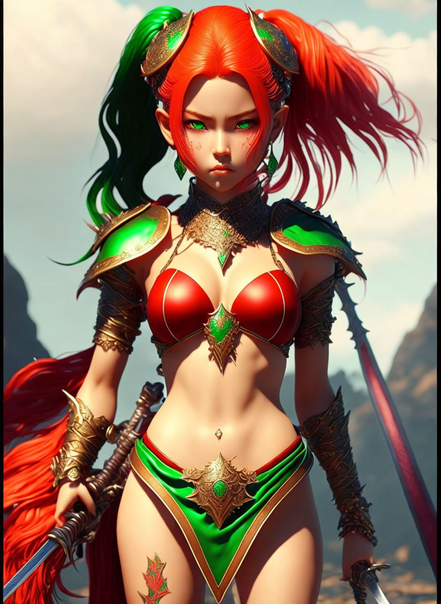 Vibrant red-haired female warrior in golden armor with spear