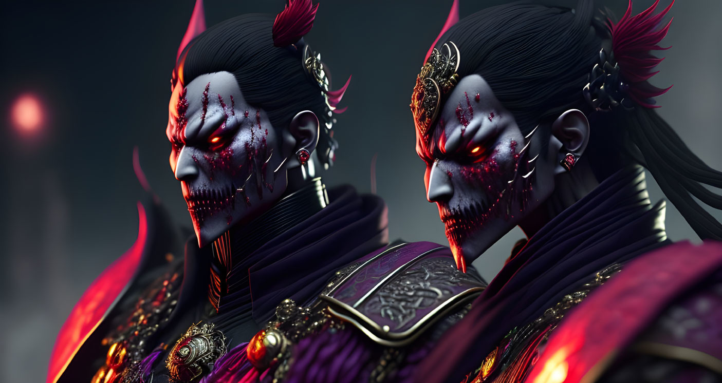 Demonic makeup and Asian armor in moody setting