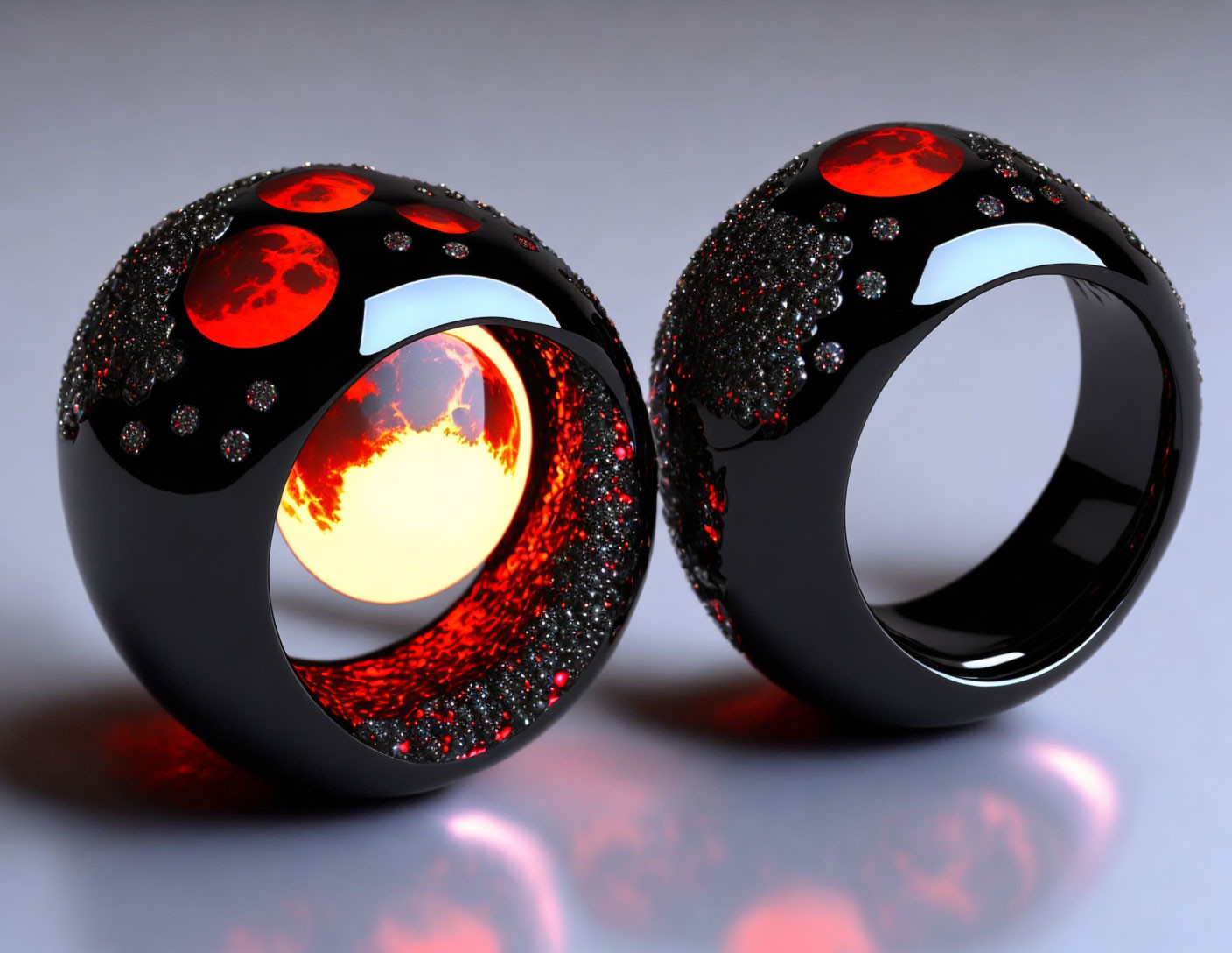 Futuristic black rings with glowing orange centers and red gemstones on reflective surface