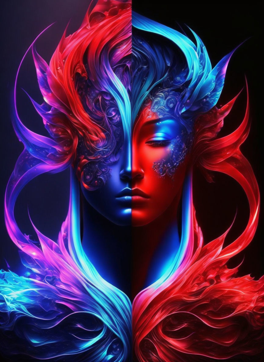 Symmetrical digital artwork of face with red and blue color schemes