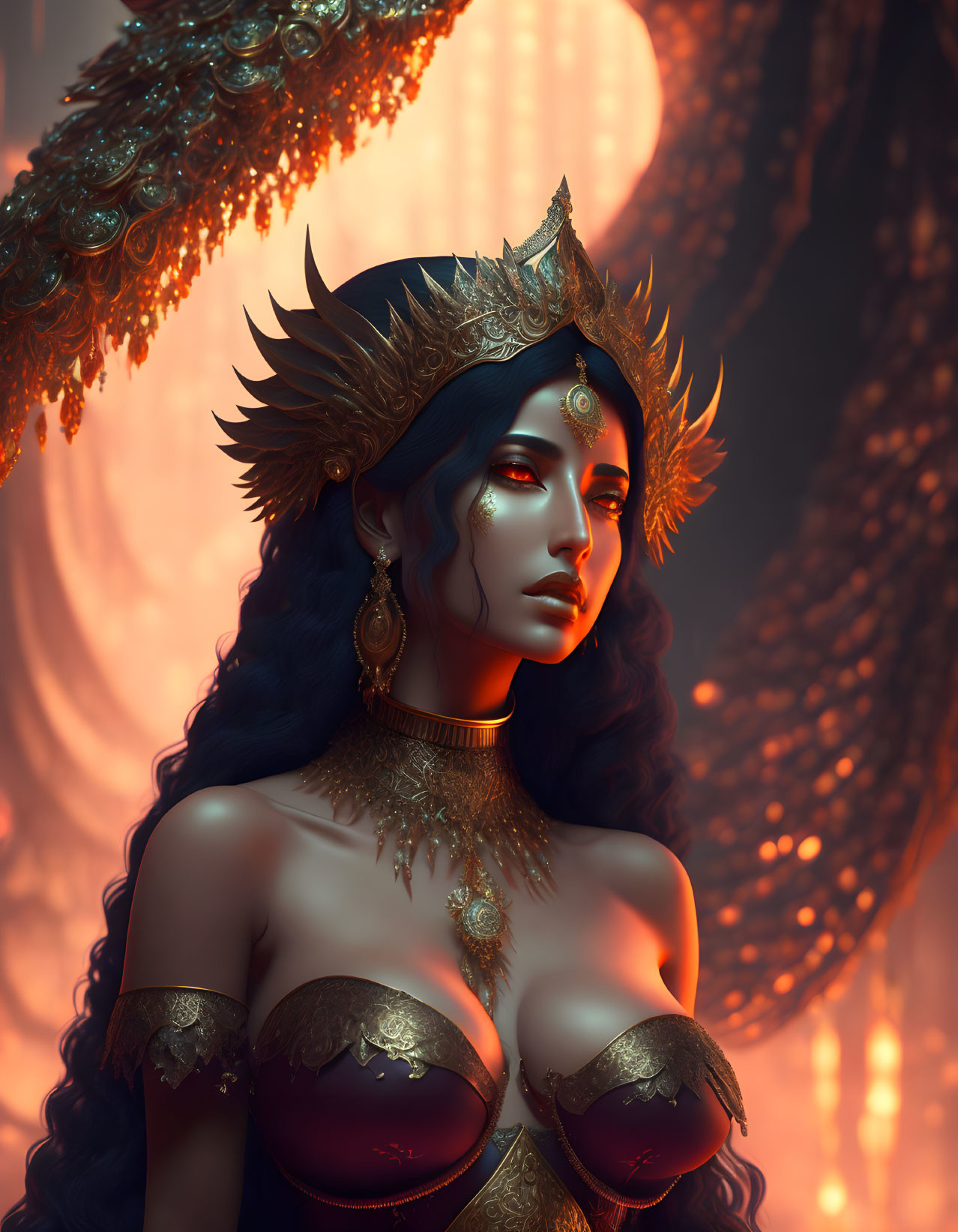 Regal female figure adorned with golden headgear and jewelry against dragon-themed backdrop