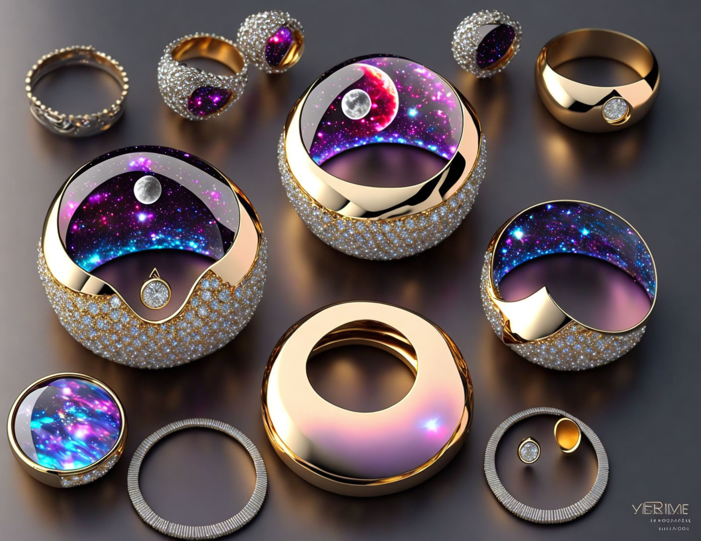 Luxurious Cosmic-Themed Jewelry: Rings & Pendants with Gold Accents & Galaxy-Inspired