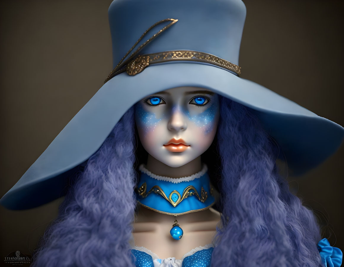 Character with Blue Skin, Blue Eyes, and Blue Hat in Gold-Trimmed Clothing