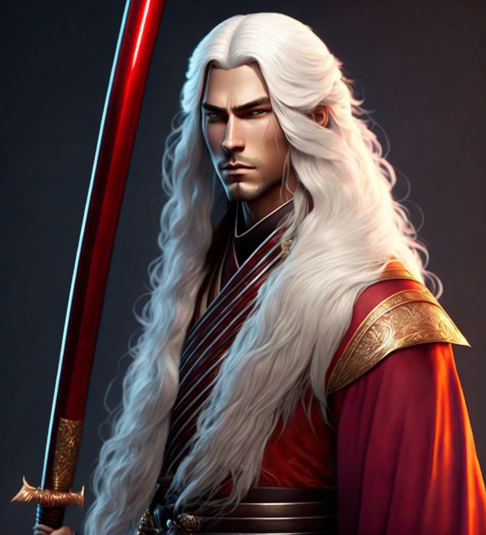 Animated character with long white hair holding red-bladed sword in traditional warrior outfit