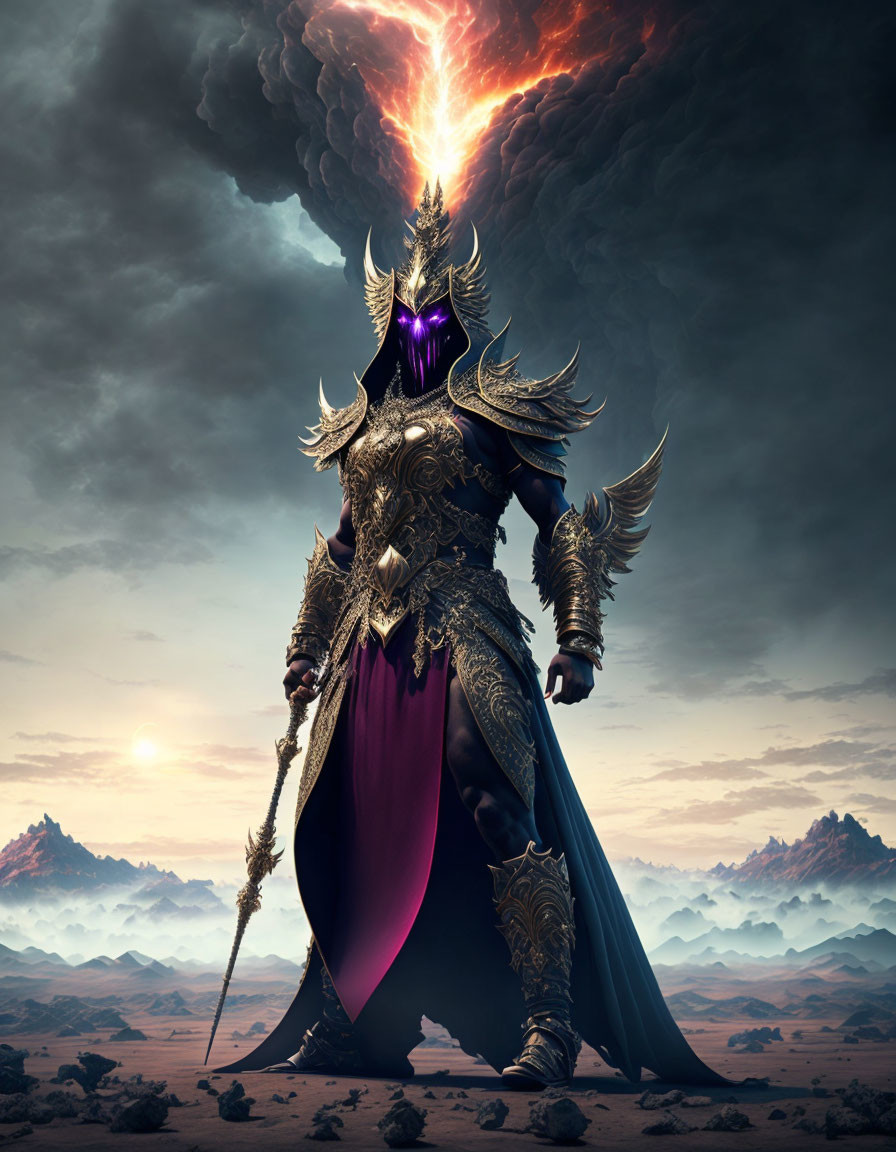 Armored figure with glowing purple visor and staff against dramatic sky