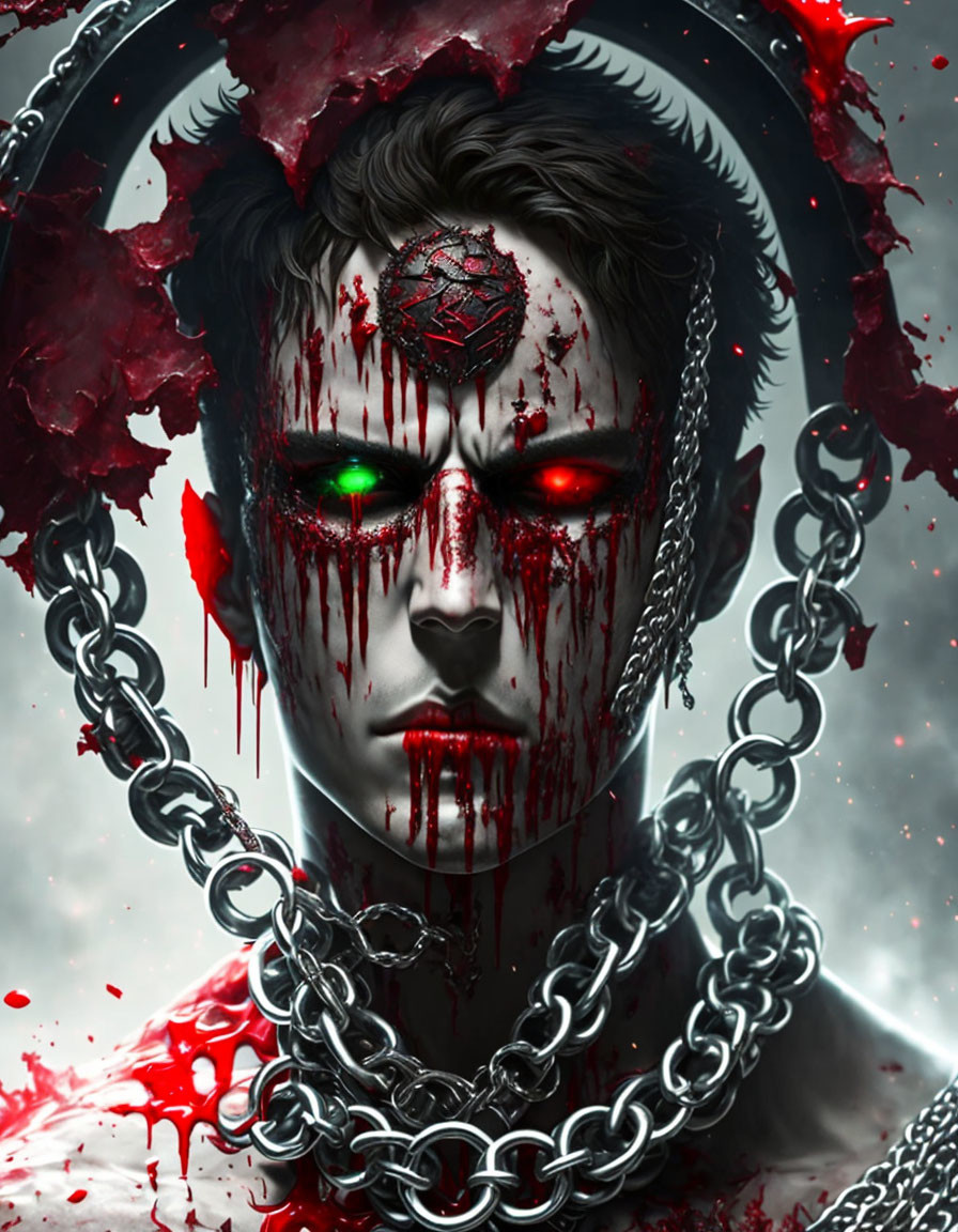 Grim-faced person with glowing green eyes and bloodstained face