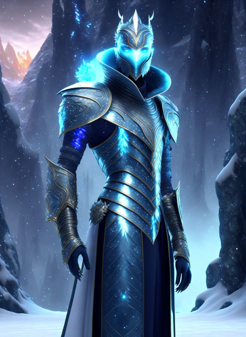 Regal figure in glowing blue armor against snowy mountain landscape