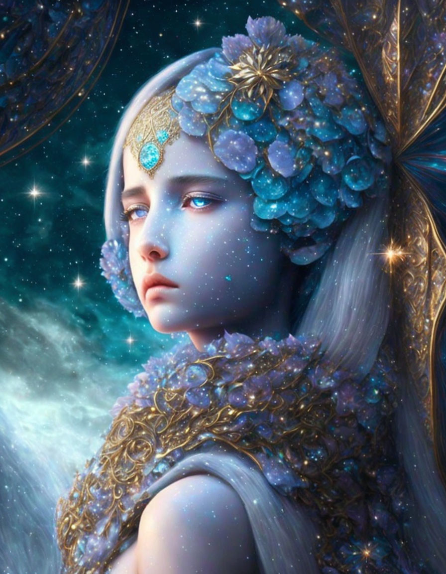 Fantastical character with pale blue skin and golden headdress in floral attire against starry backdrop