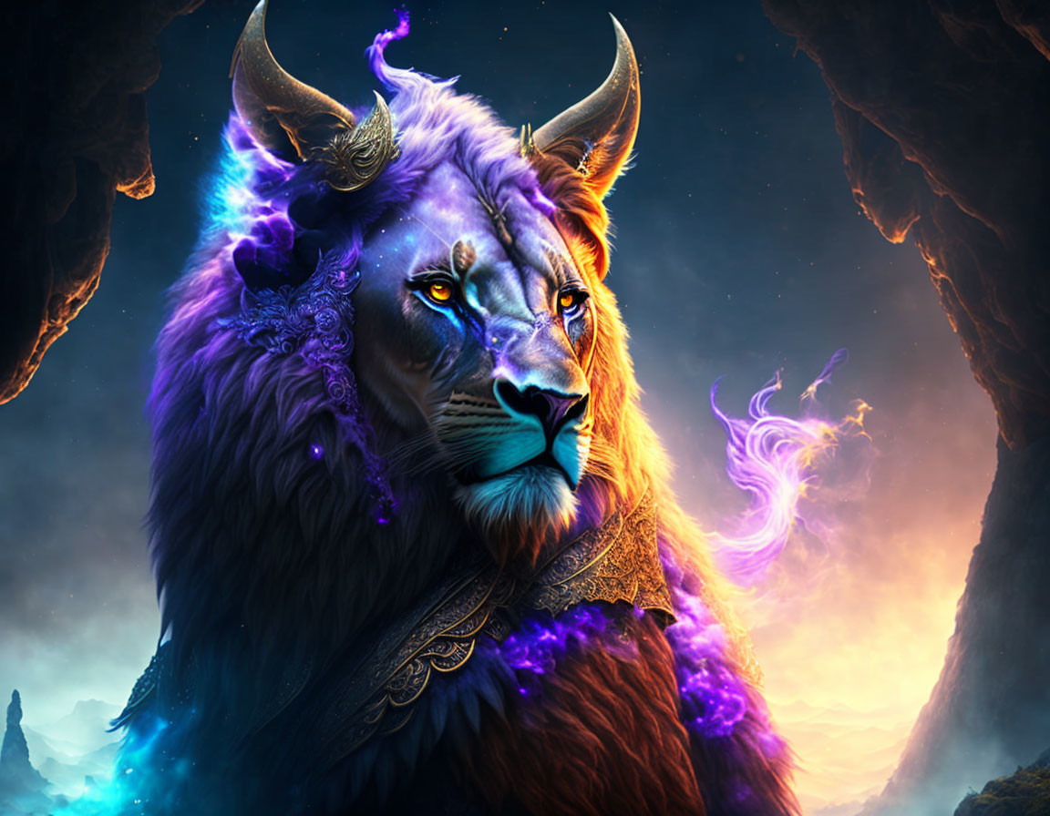 Mythical purple lion with glowing eyes and ornate horns on fiery backdrop