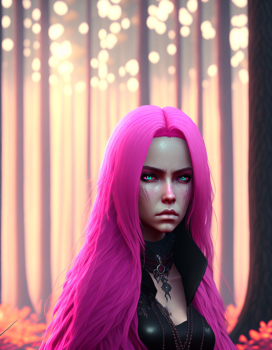 Digital art portrait of female figure with pink hair and green eyes in mystical forest setting.