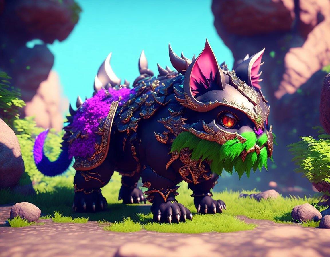 Purple-furred armored beast with green eyes in vibrant rocky landscape