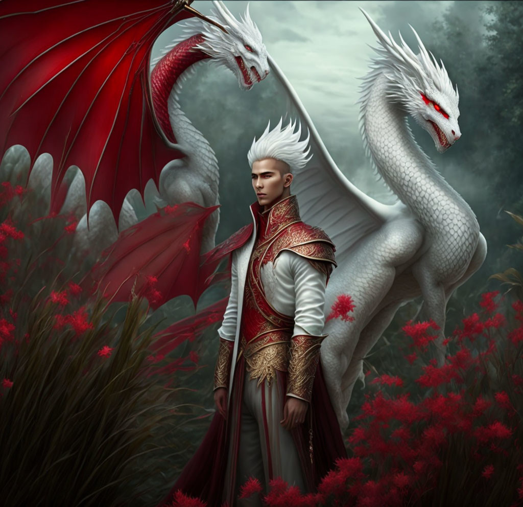 White-haired stoic figure in red and white armor with twin-headed dragon in mystical landscape