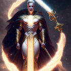 Fantasy character with alabaster skin and silver hair in golden armor cape under cosmic sky