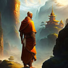 Monk in orange robe before misty mountain landscape with traditional pagoda