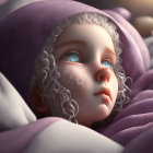 Child with Sparkling Blue Eyes in Dreamlike Setting Draped in Purple Cloth