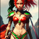 Fantasy female warrior with red hair, pointed ears, green eyes, and sharp sword